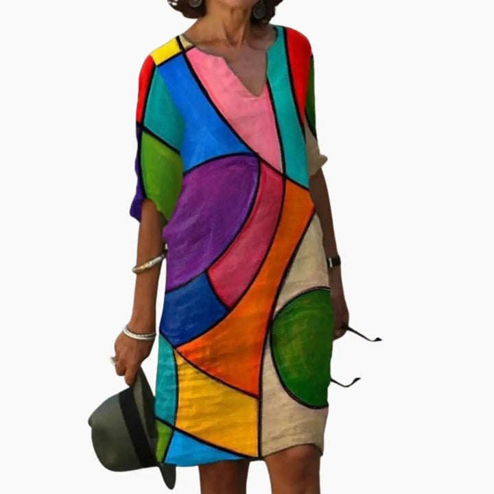 Women’s Floral Dress with Round Neckline and Short Sleeves