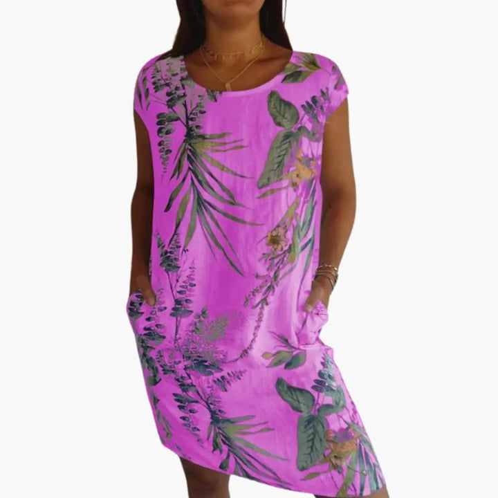 Women’s Floral Midi Dress with Short Sleeves and Loose Fit