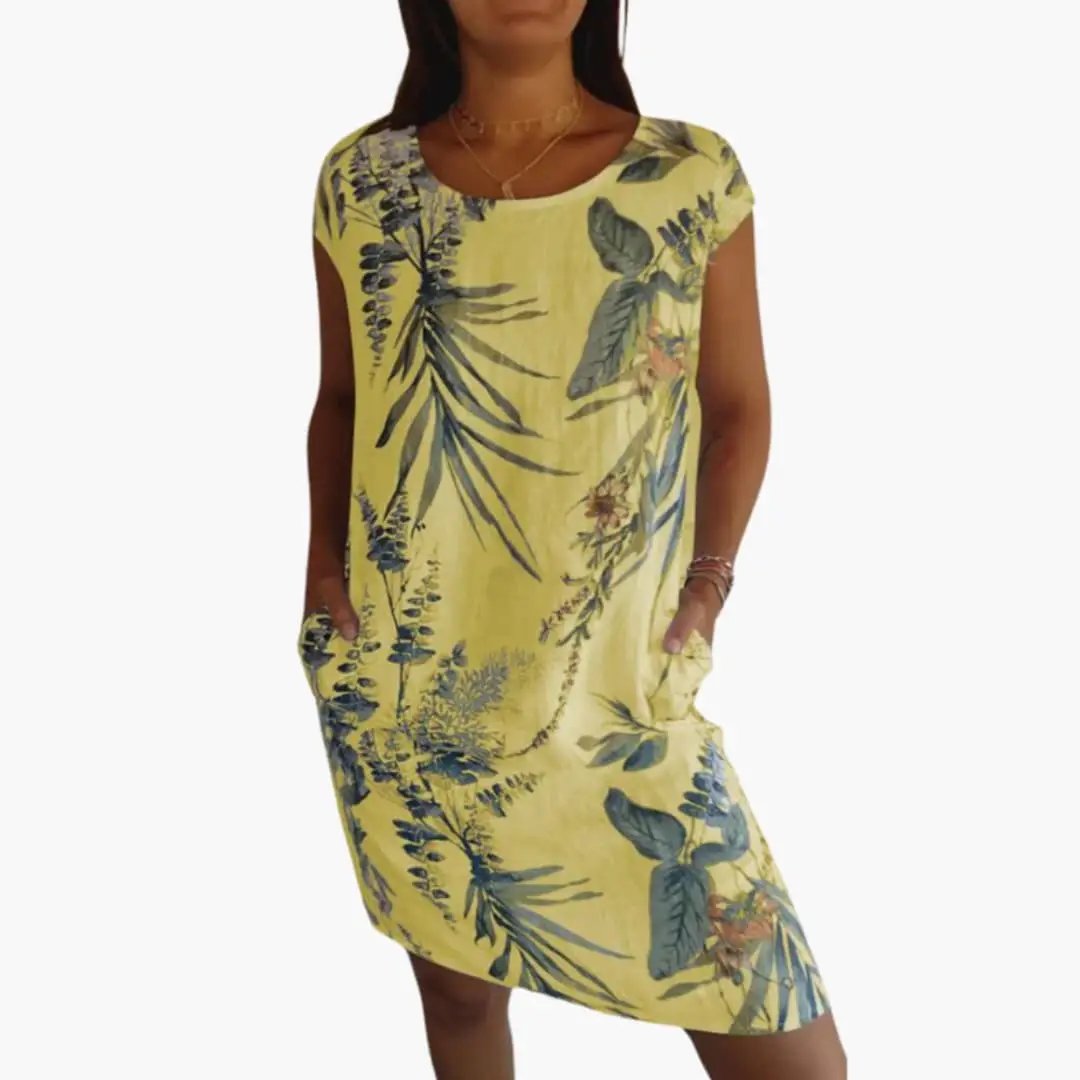 Women’s Floral Midi Dress with Short Sleeves and Loose Fit