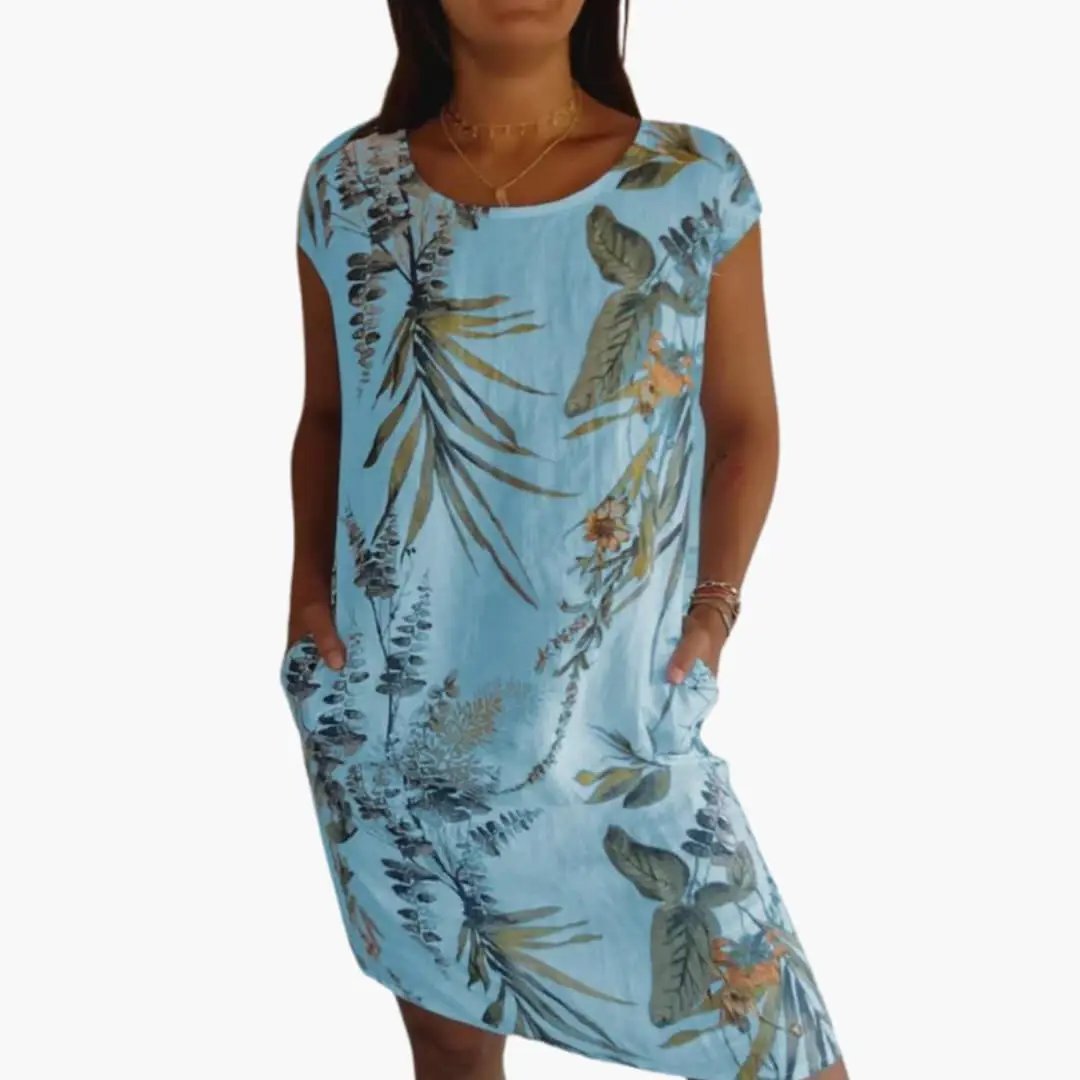 Women’s Floral Midi Dress with Short Sleeves and Loose Fit