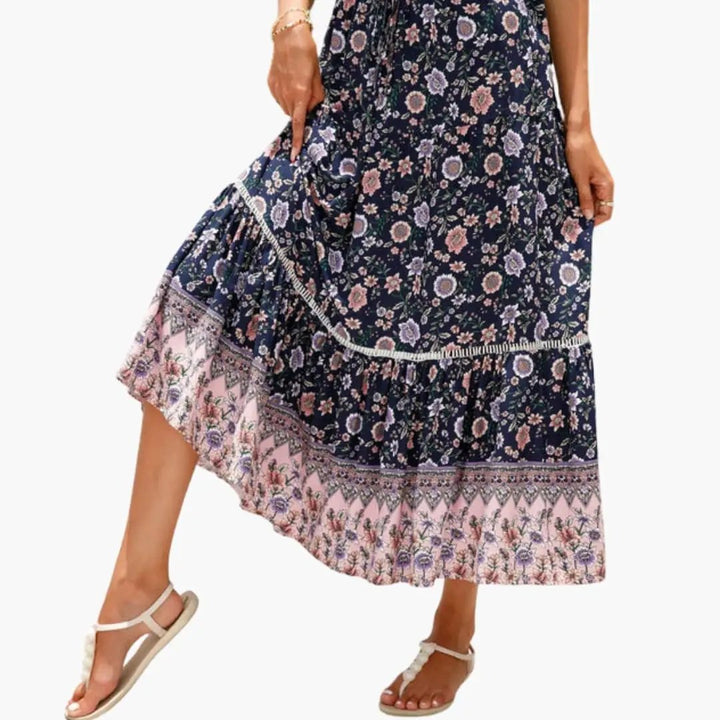 Women's Floral Midi Skirt with Elastic Waistband