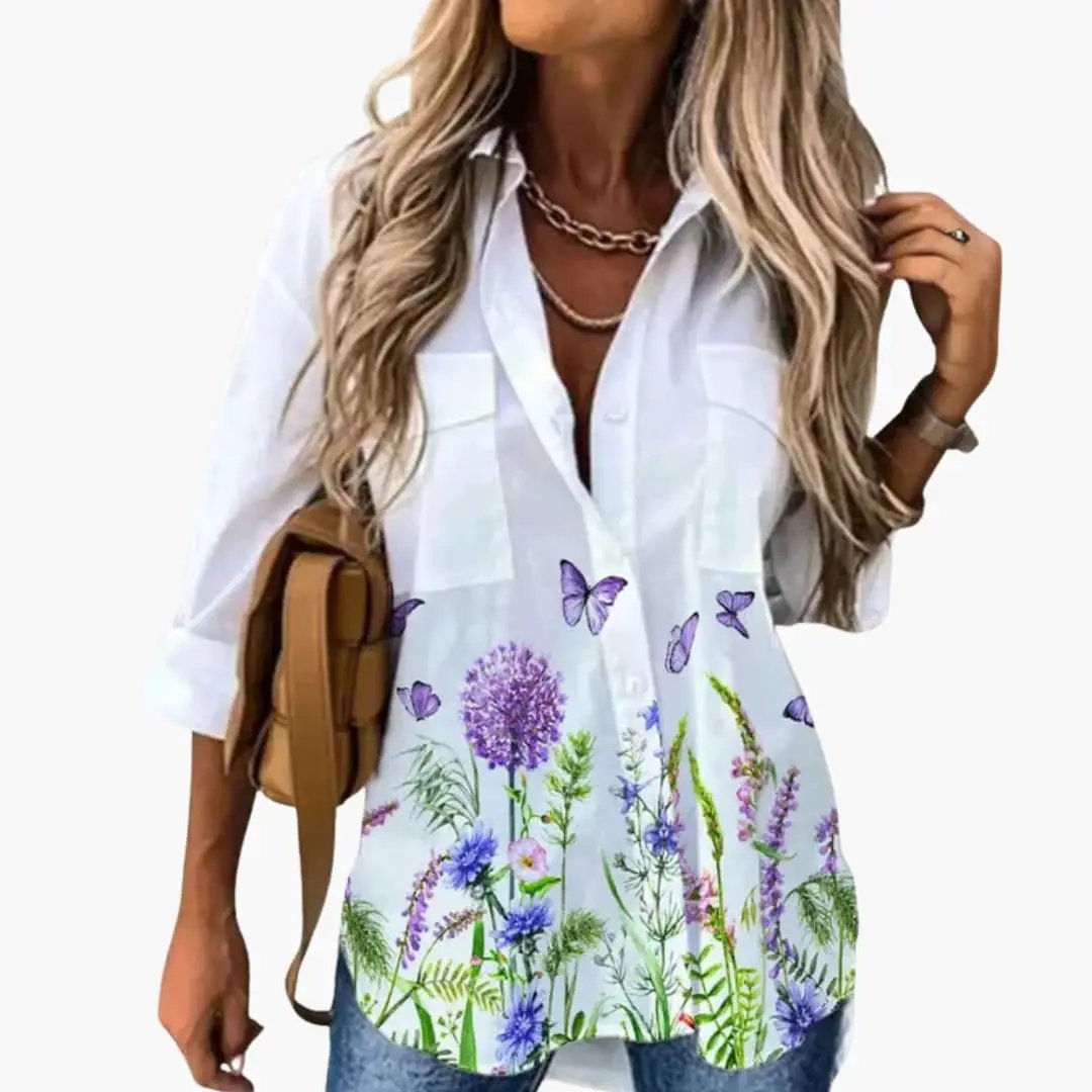 Women’s Floral Print Round Neck Blouse Long Sleeve Woven Top