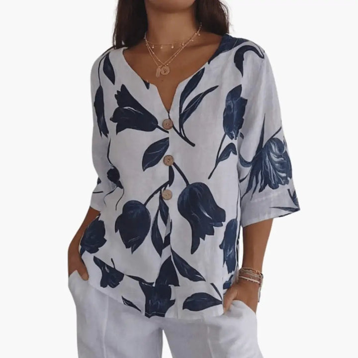 Women’s Floral V-Neck Blouse Short Sleeve Woven Top