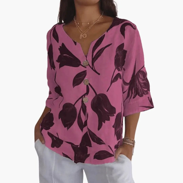 Women’s Floral V-Neck Blouse Short Sleeve Woven Top