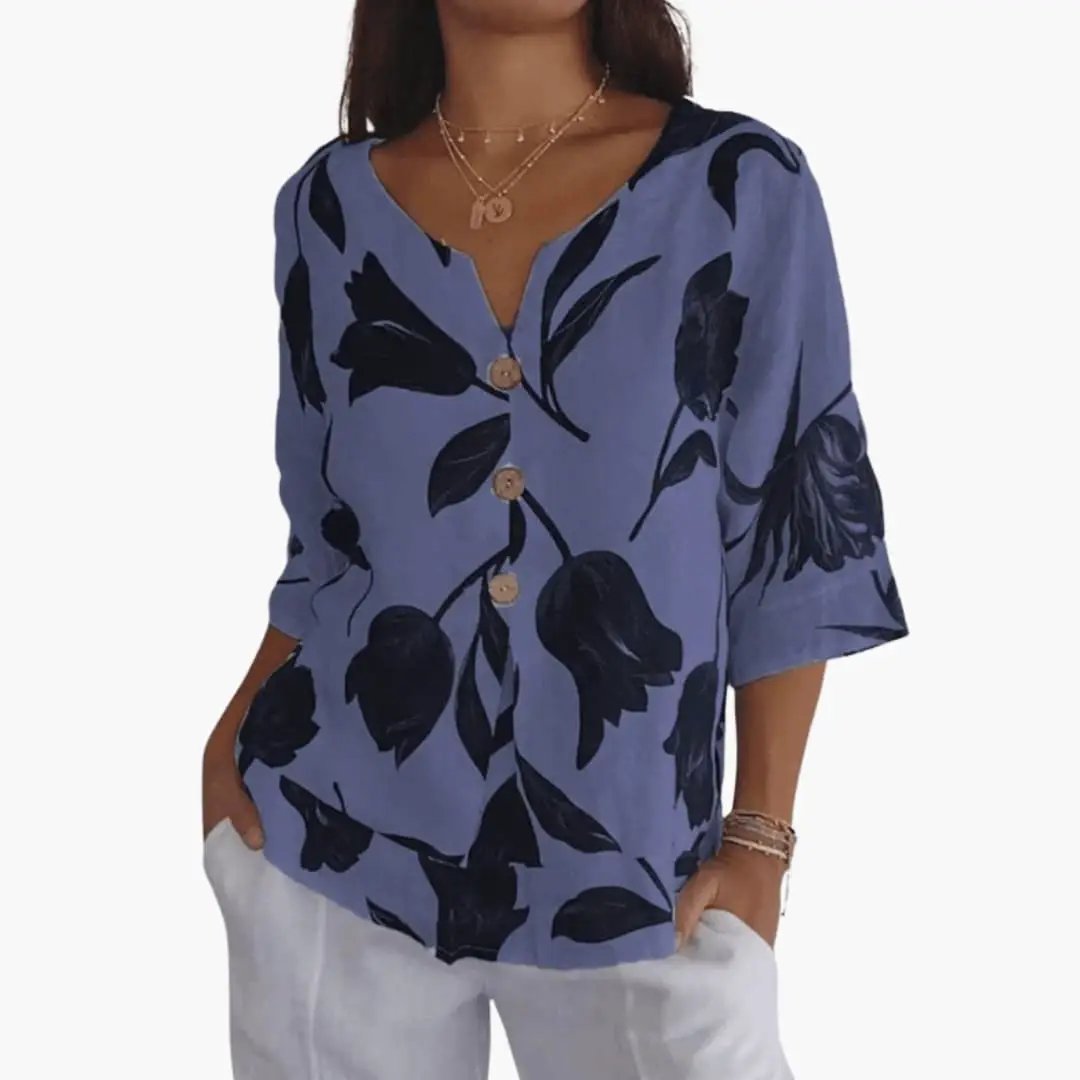 Women’s Floral V-Neck Blouse Short Sleeve Woven Top