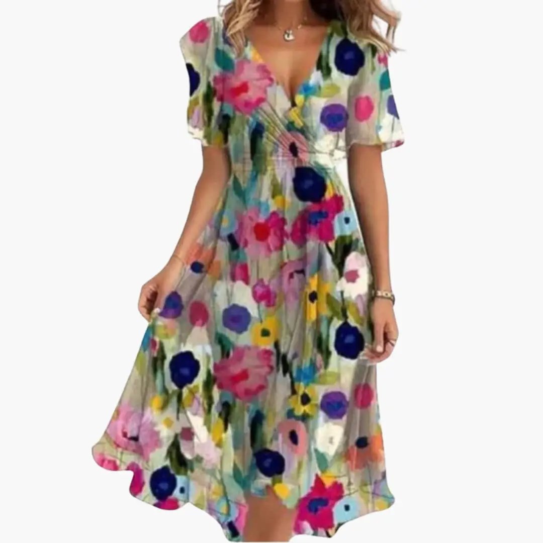 Women’s Floral V - Neck Midi Dress with Short Sleeves