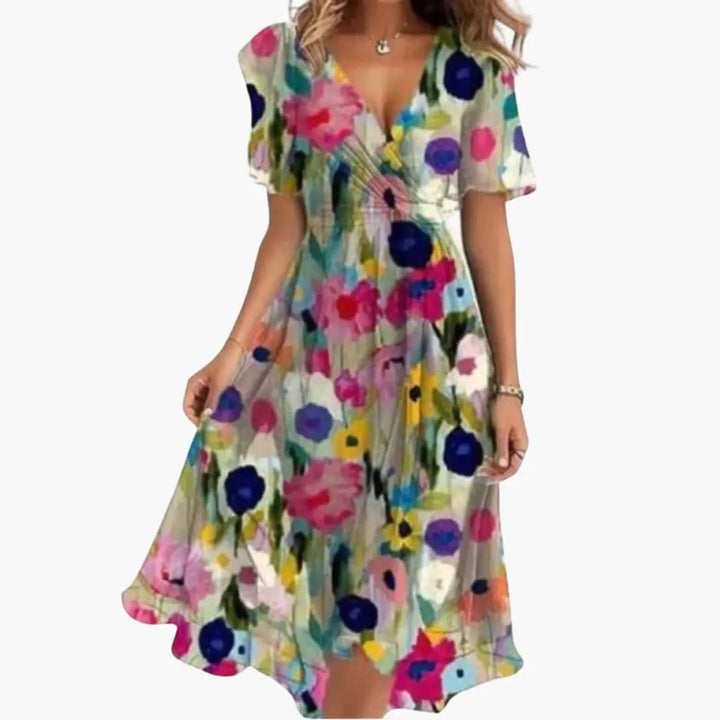 Women’s Floral V - Neck Midi Dress with Short Sleeves