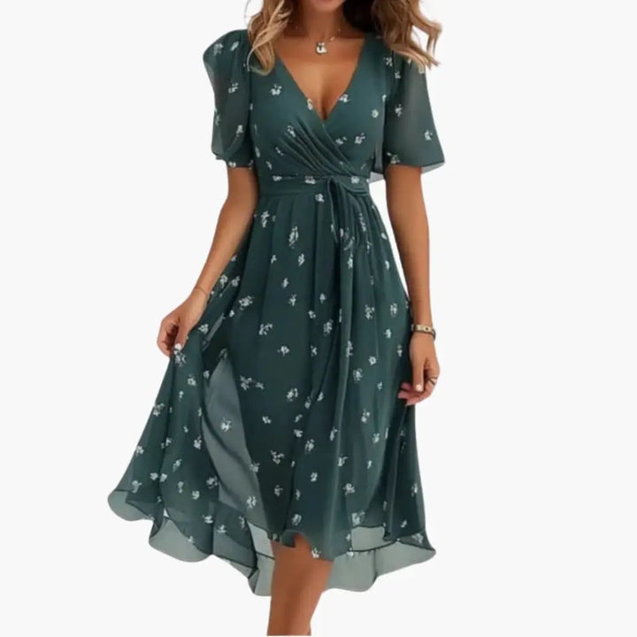 Women’s Floral V - Neck Midi Dress with Short Sleeves