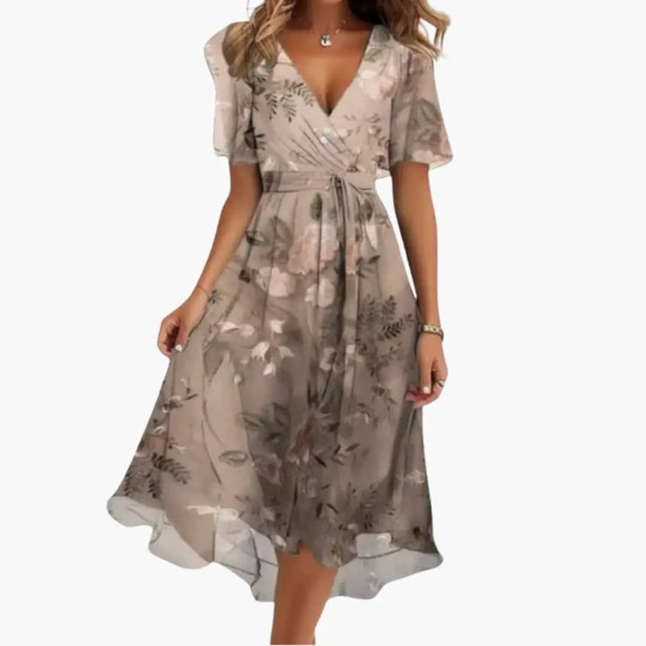 Women’s Floral V - Neck Midi Dress with Short Sleeves
