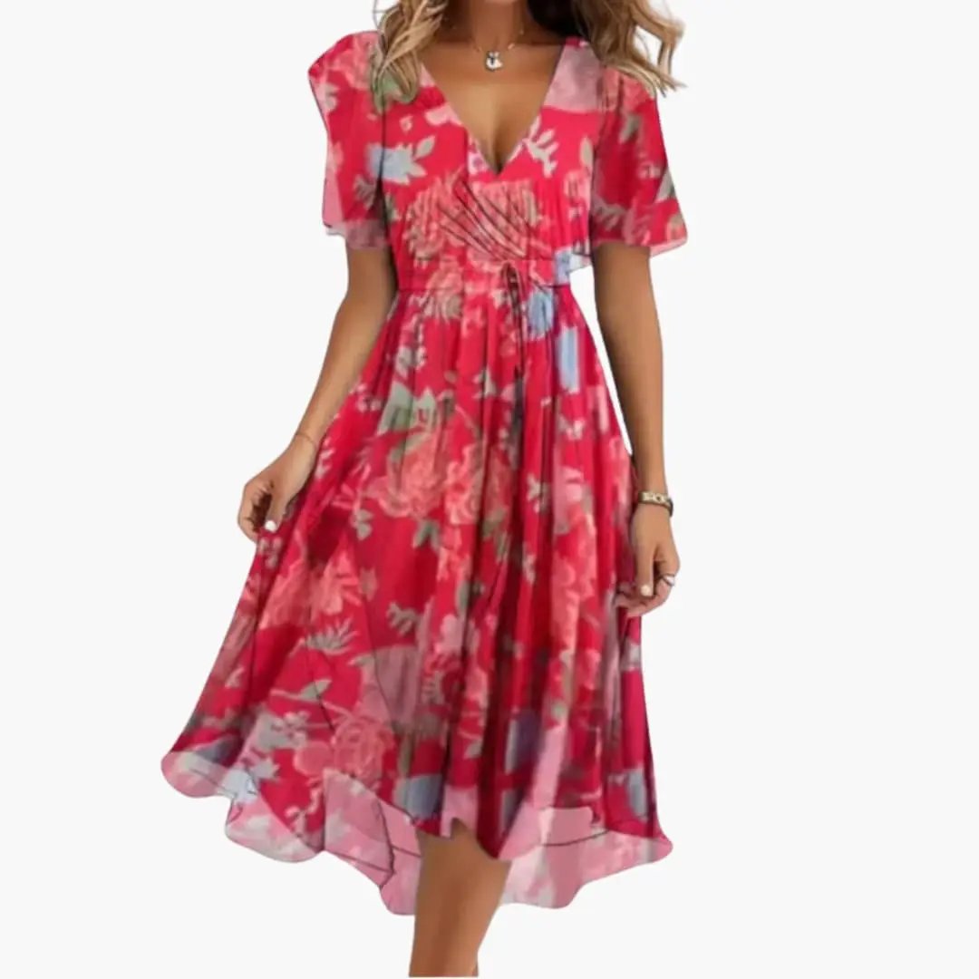 Women’s Floral V - Neck Midi Dress with Short Sleeves