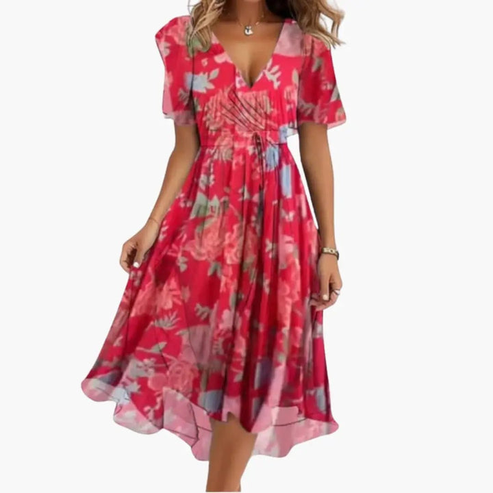 Women’s Floral V - Neck Midi Dress with Short Sleeves