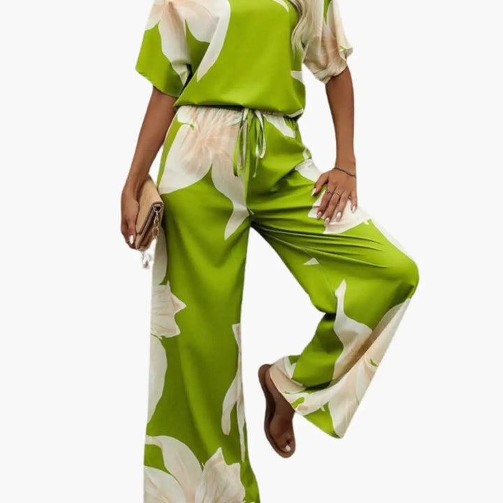 Women’s Floral V-Neck Top and Wide Leg Pants Set – Two-Piece Outfit