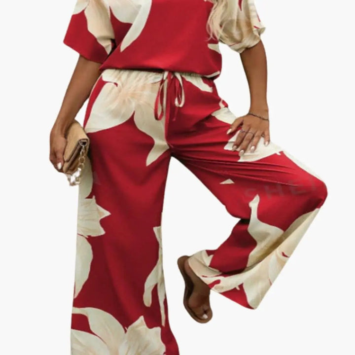 Women’s Floral V-Neck Top and Wide Leg Pants Set – Two-Piece Outfit