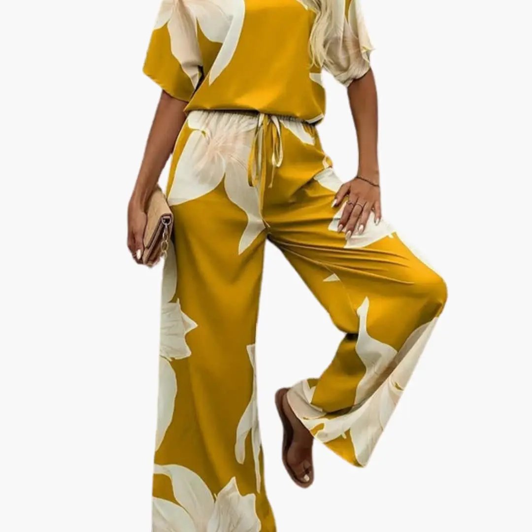 Women’s Floral V-Neck Top and Wide Leg Pants Set – Two-Piece Outfit