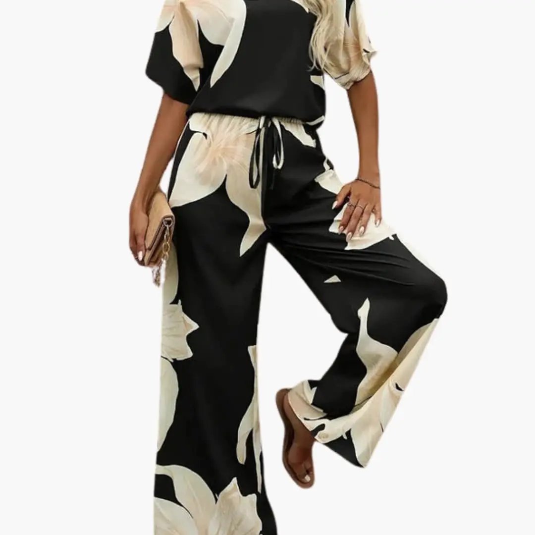 Women’s Floral V-Neck Top and Wide Leg Pants Set – Two-Piece Outfit