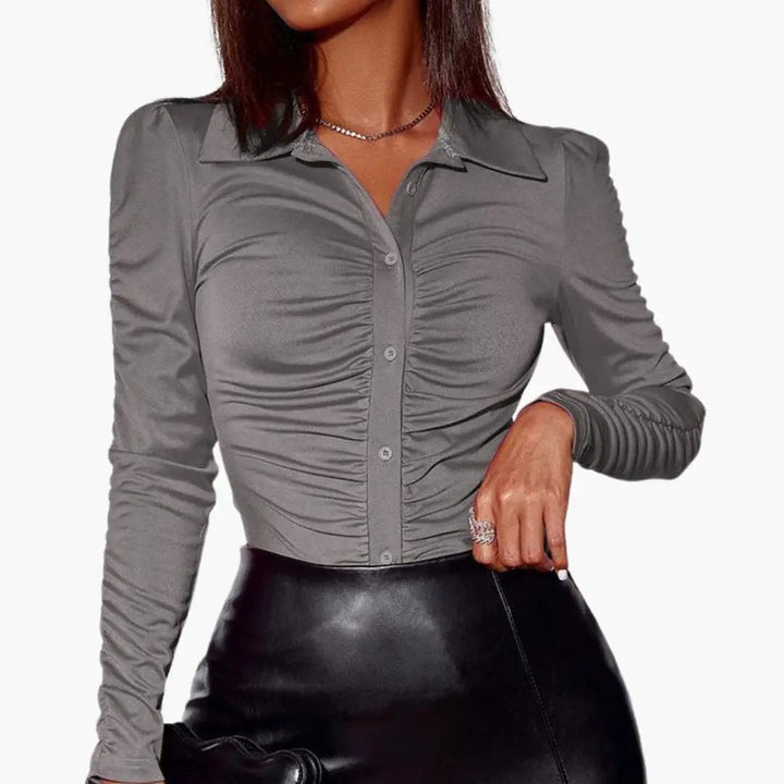 Women’s Gathered Front Button-Placket Blouse – Long Sleeve Stretch Woven Top