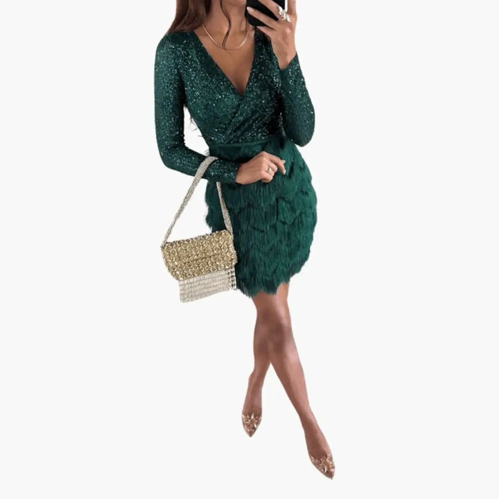 Women’s Glitter Party Dress with Feather Trim
