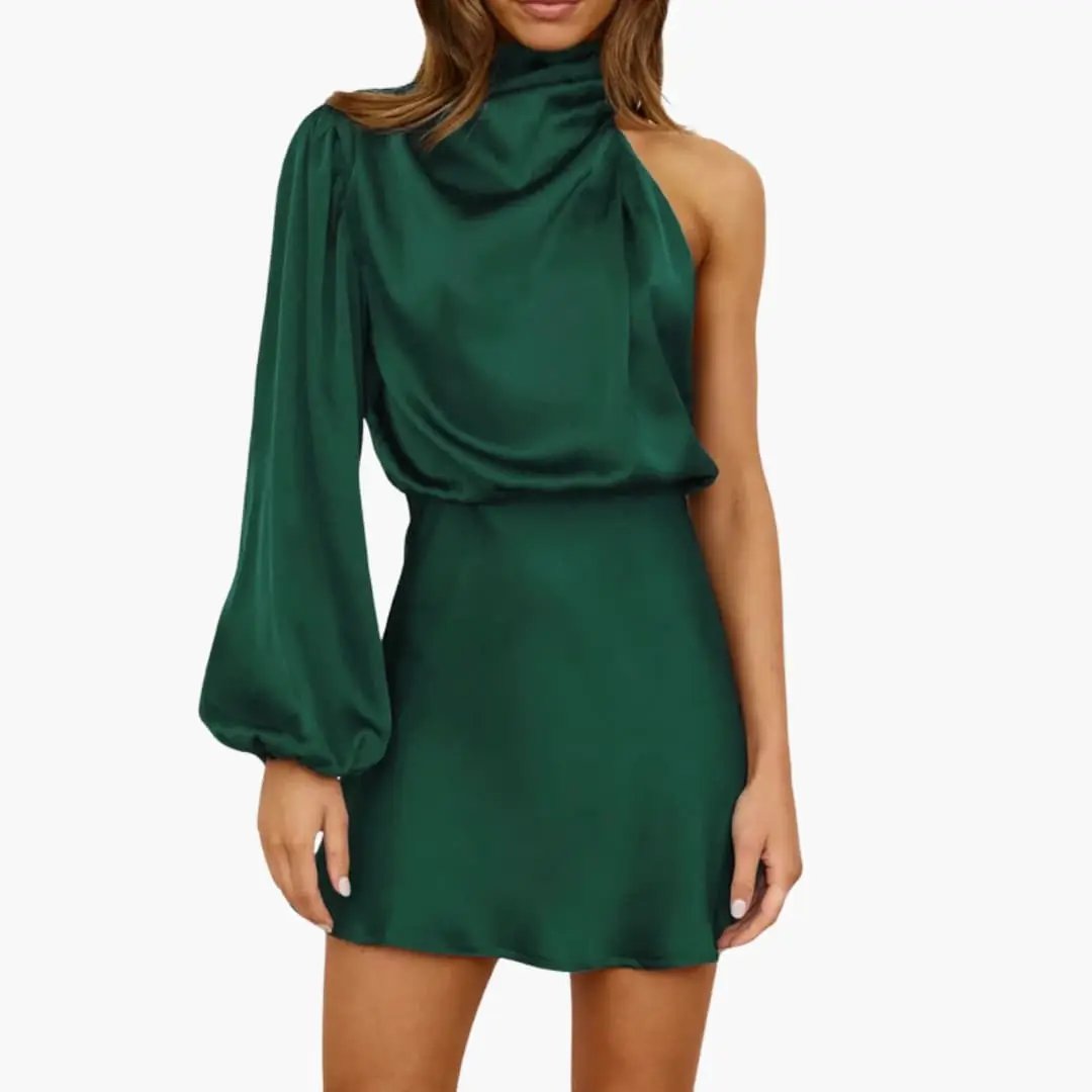 Women’s Halter Mini Dress with Asymmetrical Sleeve