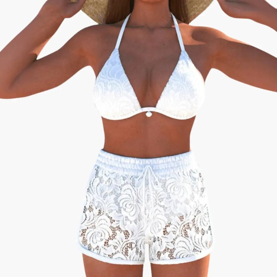 Women’s Halter Triangle Bikini Set with Lace Trim Shorts