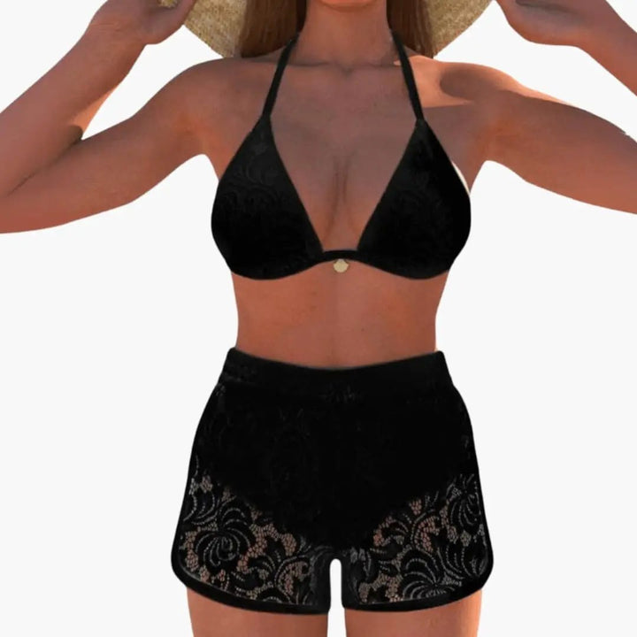 Women’s Halter Triangle Bikini Set with Lace Trim Shorts