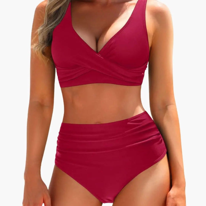 Women’s High-Waisted Bikini Set with Shaping Top and Swim Shorts