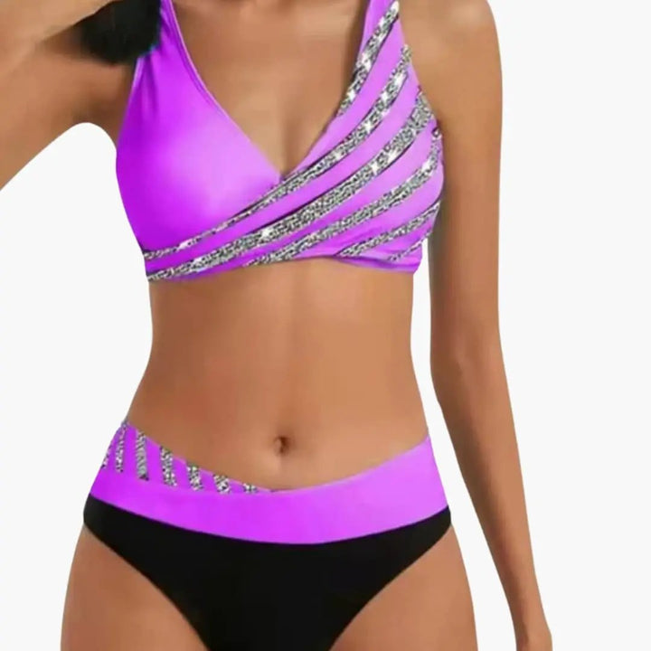 Women’s High-Waisted Glitter Stripe Bikini Set