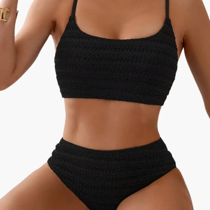 Women’s High-Waisted Textured Bikini Set with Spaghetti Straps