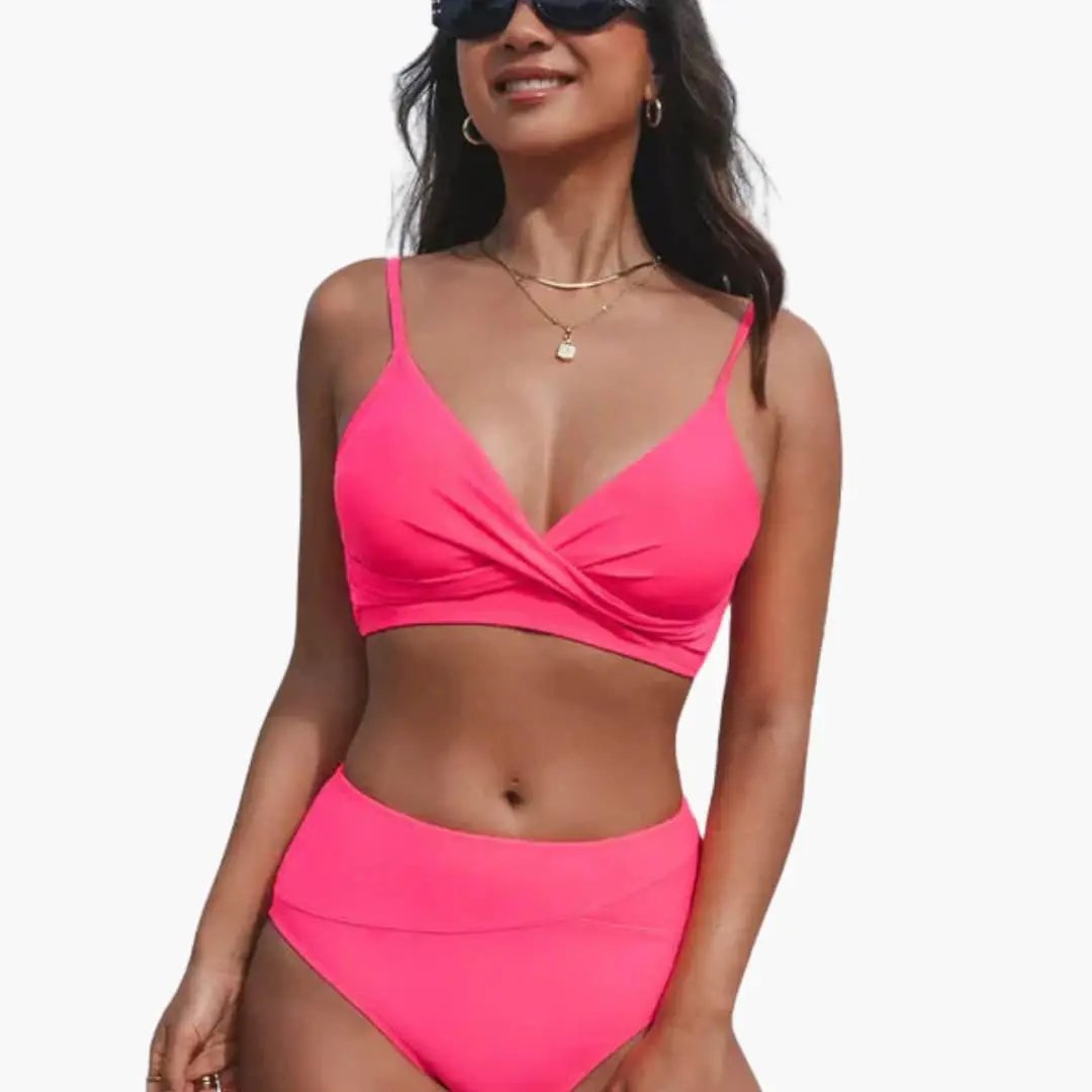 Women’s High-Waisted Two-Piece Bikini Set – Scoop Neck Top Swimwear