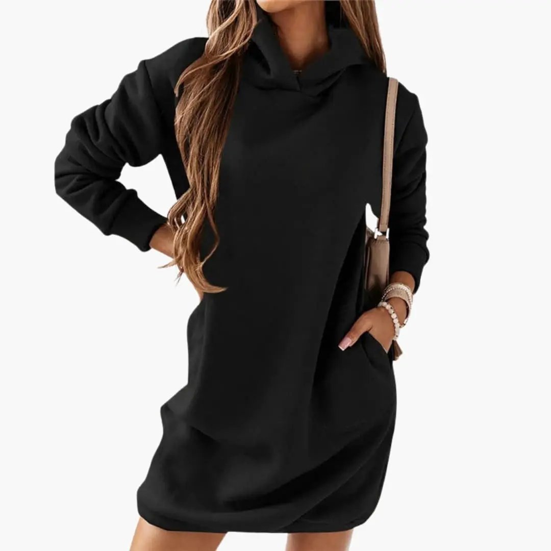 Women’s Hooded Dress with Long Sleeves and Straight Hem