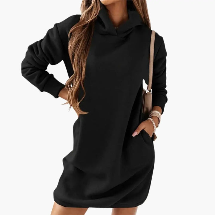 Women’s Hooded Dress with Long Sleeves and Straight Hem