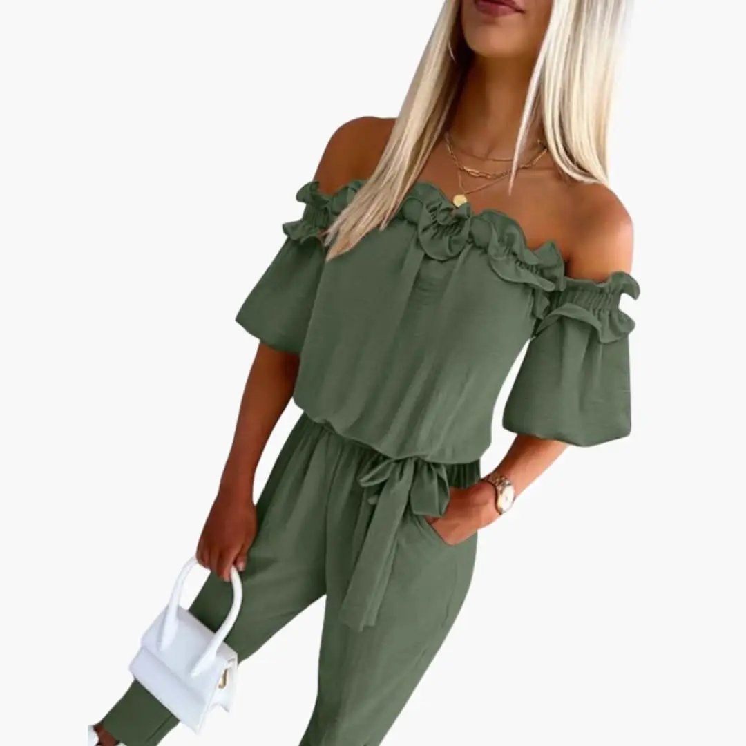 Women's Jumpsuit with Off Shoulder Neckline and Tie Waist