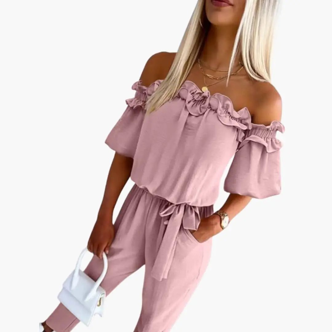 Women's Jumpsuit with Off Shoulder Neckline and Tie Waist