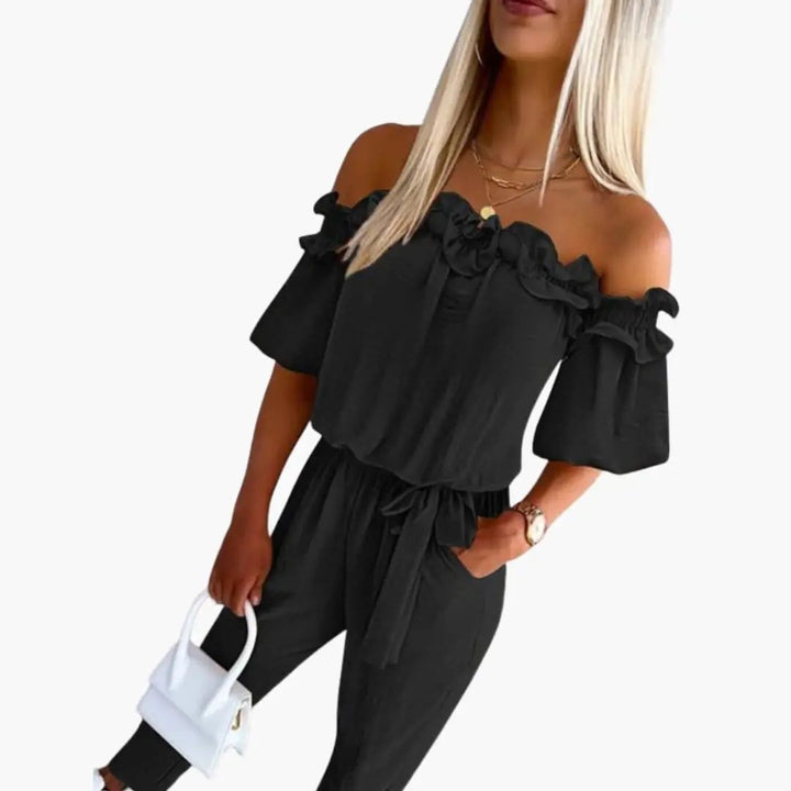 Women's Jumpsuit with Off Shoulder Neckline and Tie Waist