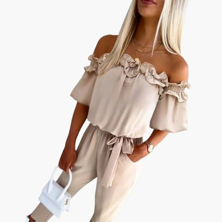 Women's Jumpsuit with Off Shoulder Neckline and Tie Waist