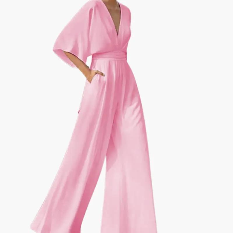 Women's Summer Jumpsuit with V-Neckline and Half Sleeves