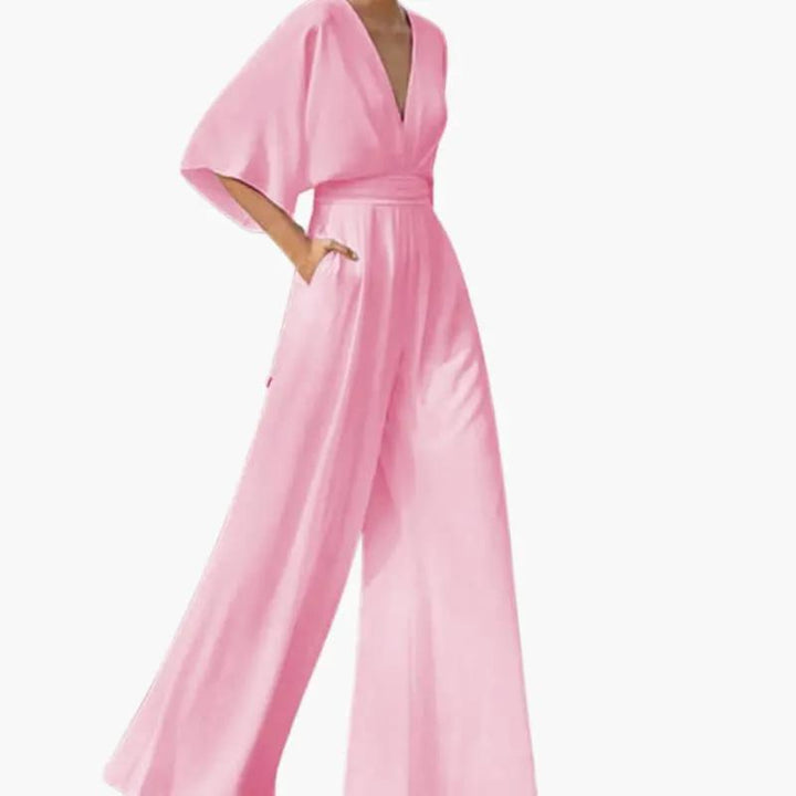 Women's Summer Jumpsuit with V-Neckline and Half Sleeves