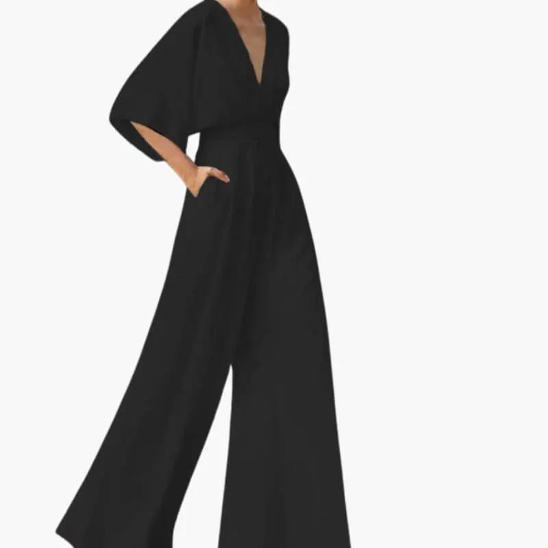 Women's Summer Jumpsuit with V-Neckline and Half Sleeves
