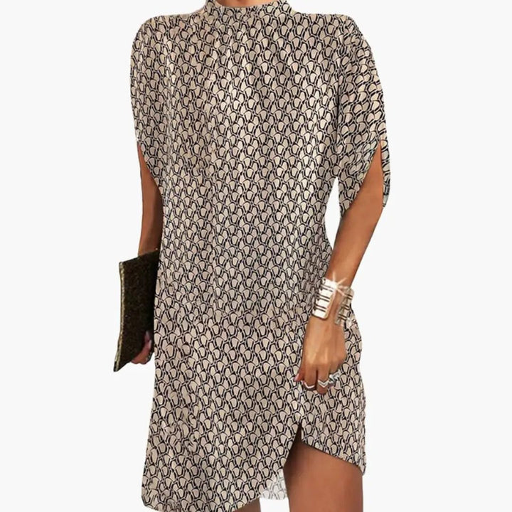 Women’s Knee-Length Dress with High Neckline and Printed Pattern