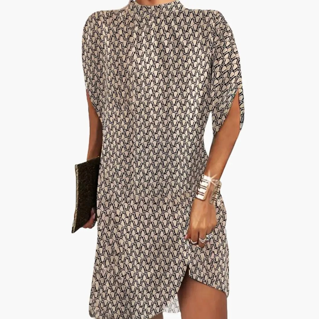 Women’s Knee-Length Dress with High Neckline and Printed Pattern