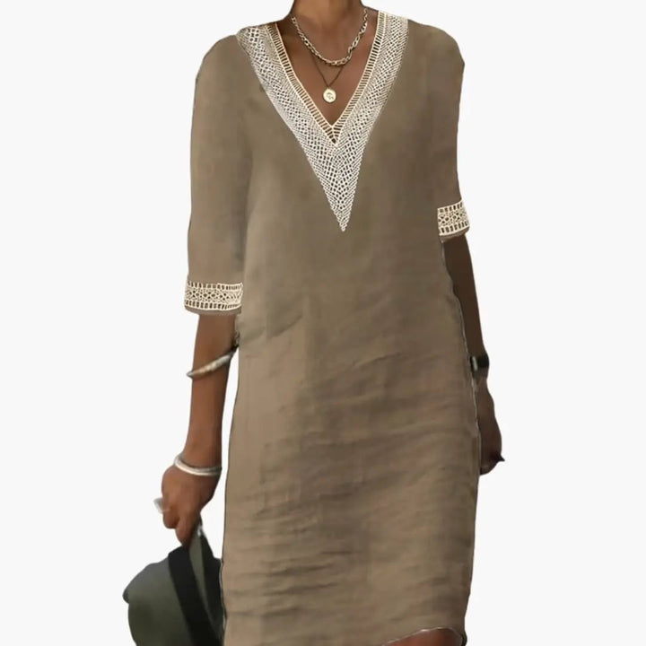 Women’s Knee-Length Dress with Round Neck and Short Sleeves