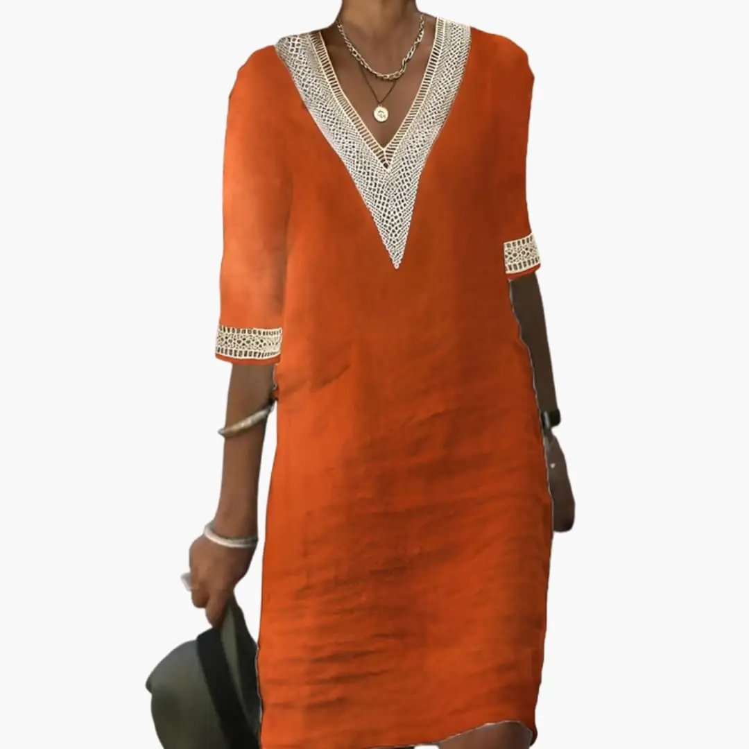 Women’s Knee-Length Dress with Round Neck and Short Sleeves