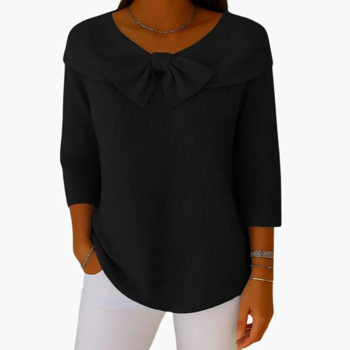 Women's Knitted Top with Bow Neckline and Long Sleeves