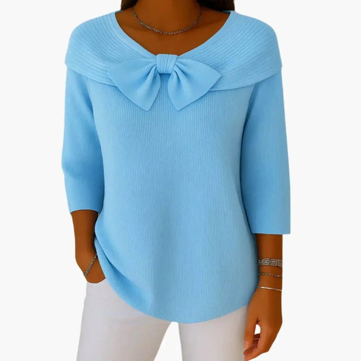 Women's Knitted Top with Bow Neckline and Long Sleeves