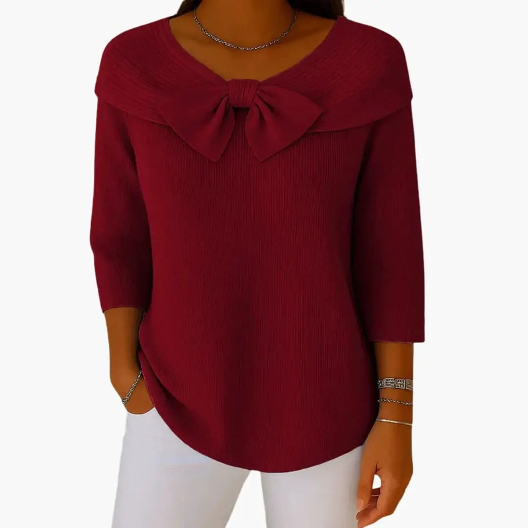 Women's Knitted Top with Bow Neckline and Long Sleeves