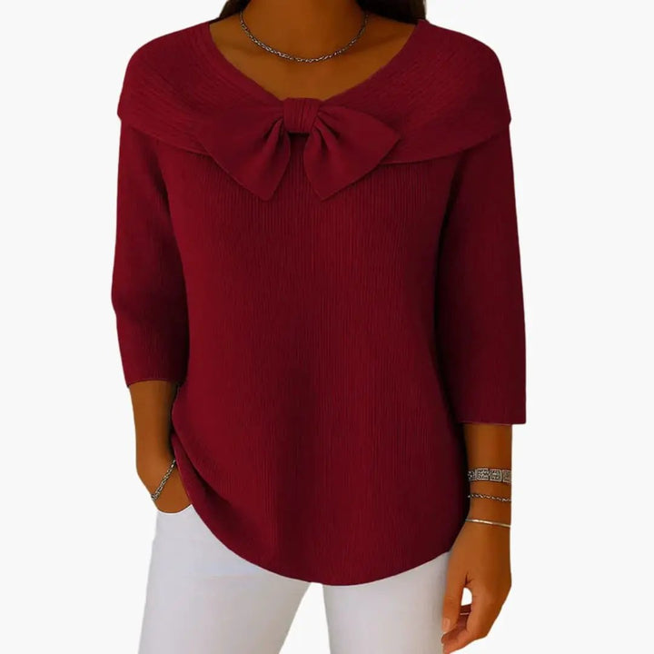 Women's Knitted Top with Bow Neckline and Long Sleeves