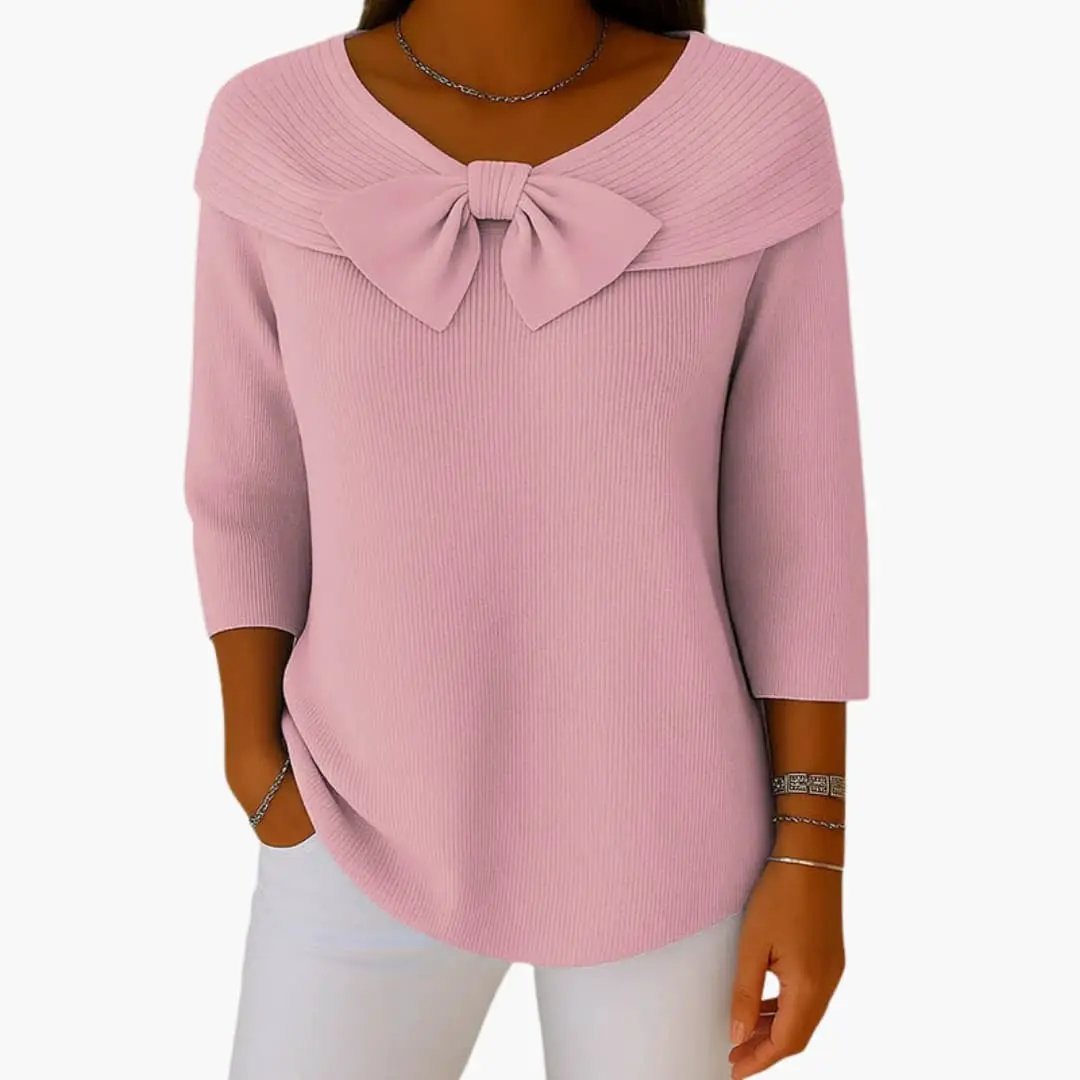 Women's Knitted Top with Bow Neckline and Long Sleeves