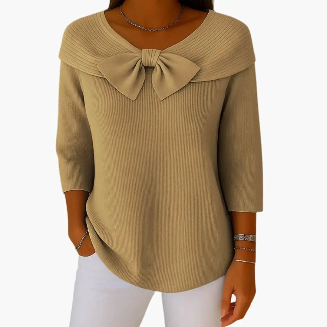 Women's Knitted Top with Bow Neckline and Long Sleeves