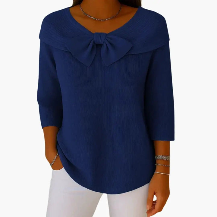 Women's Knitted Top with Bow Neckline and Long Sleeves