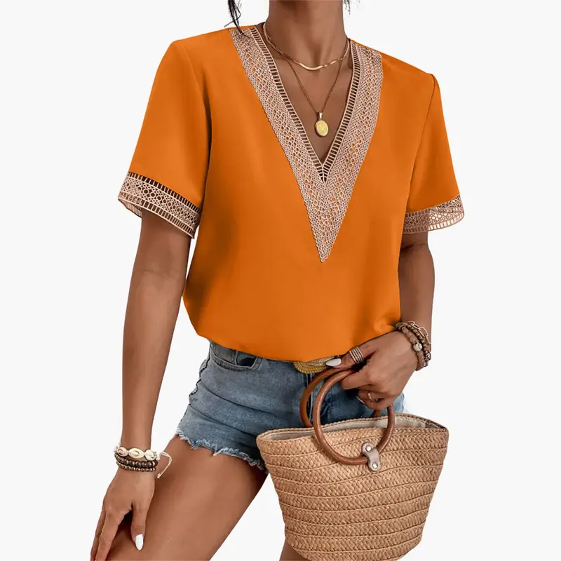 Women’s Lace Overlay Blouse with V-Neck and Short Sleeves – Hip-Length Top