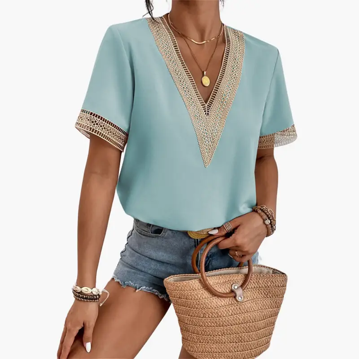 Women’s Lace Overlay Blouse with V-Neck and Short Sleeves – Hip-Length Top